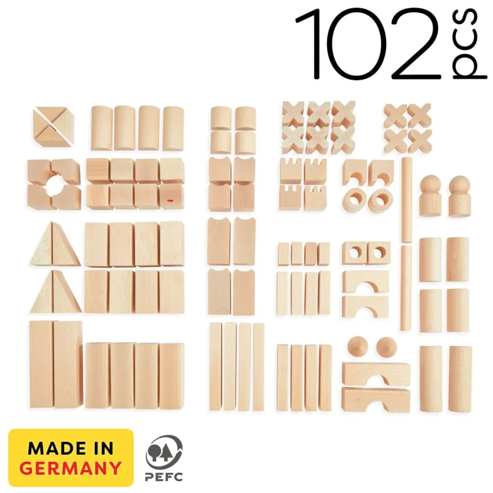 HABA Basic Building Blocks 102 Piece Extra Large Wooden Starter Set< Wooden Stacking Toys & Arranging Games