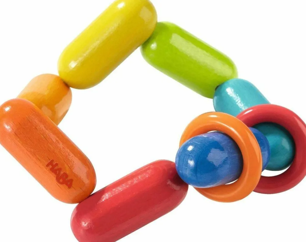 HABA Dilly-Dally Wooden Rattle With Plastic Rings< Grasping + Teething Toys