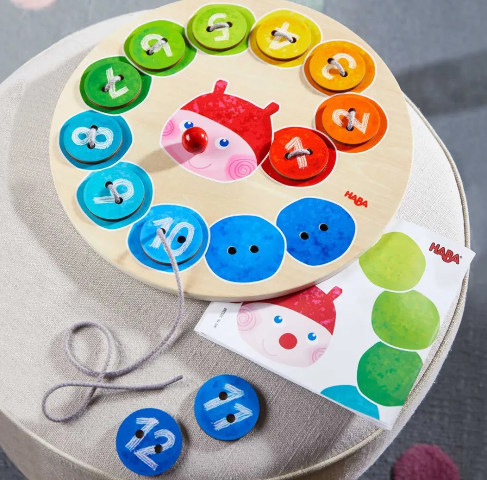 HABA Rainbow Caterpillar Counting Threading Game< Lacing Toys + Motor Skills